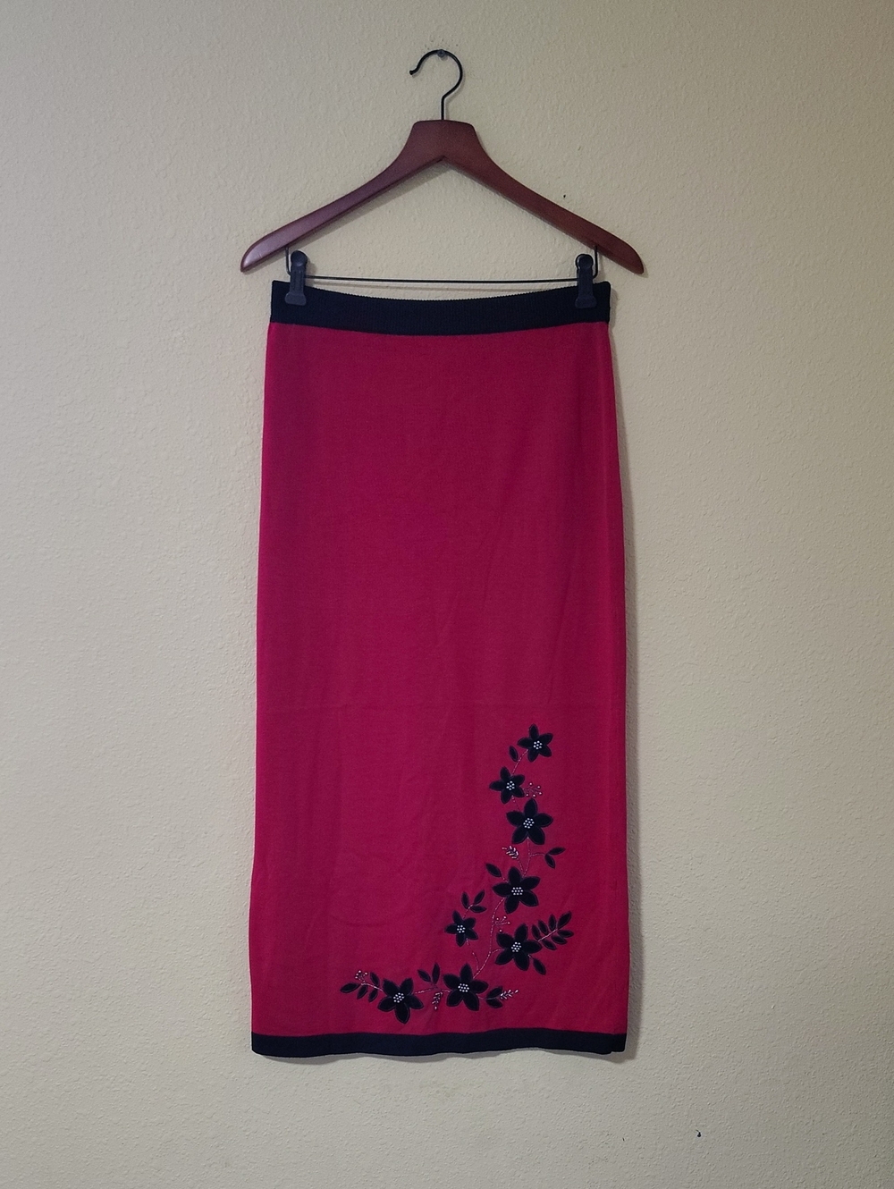 Vintage Dressbarn Dark Floral Beads Knit Slit Maxi Skirt Size M Whimsigoth 90s - Picture 2 of 16
